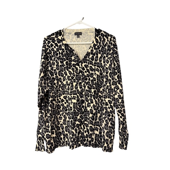The Limited Sweaters - The Limited Leopard Print V Neck Long Sleeve Cardigan Buttoned Sweater Womens 2X